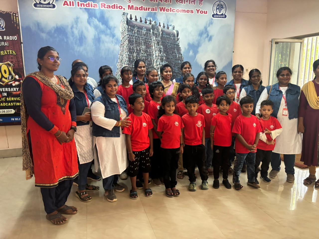 Brainy Bobs top students and staff during All India Radio Madurai interview.